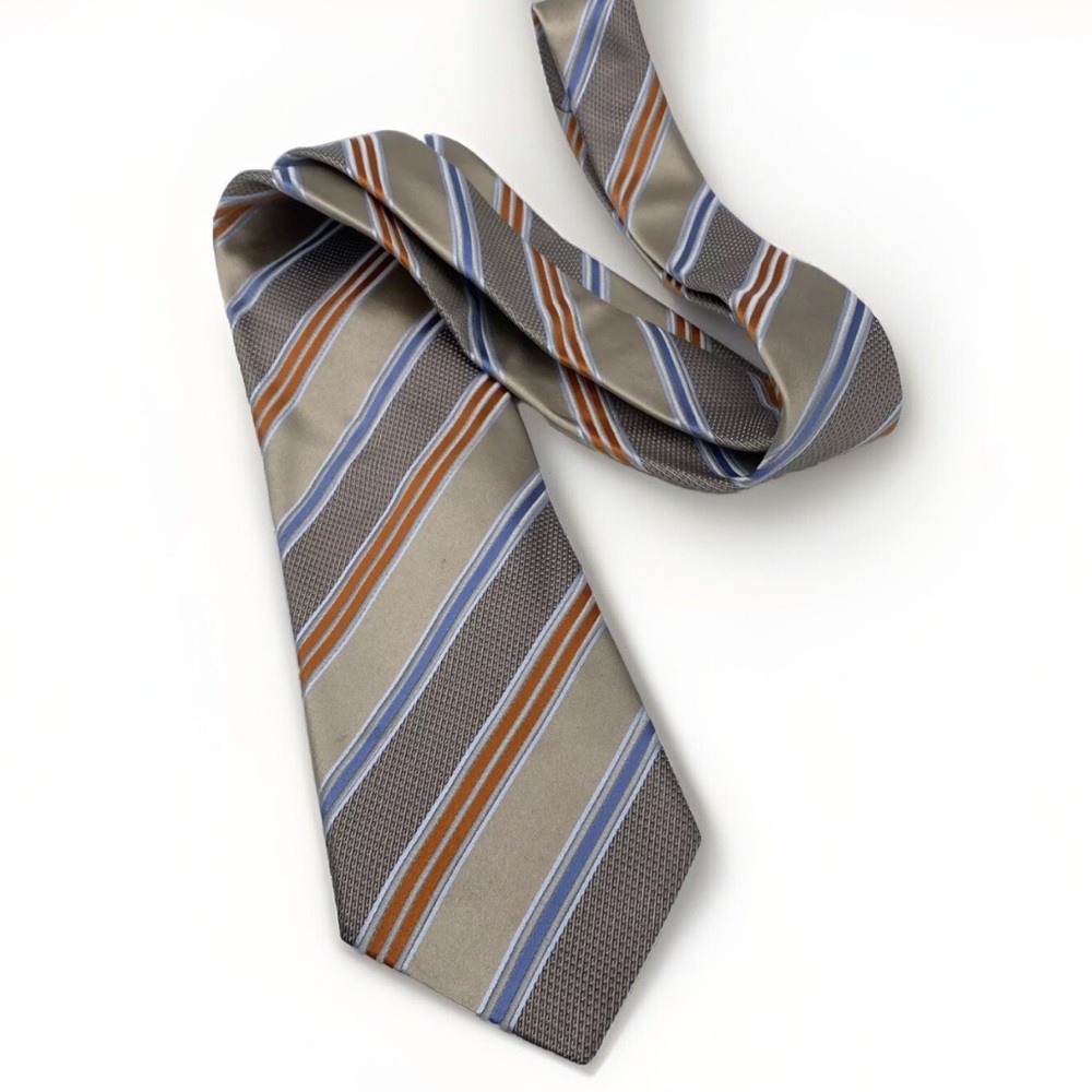 Ermenegildo Zegna Tie Men Silk Italy Luxury Blue Orange Champagne Stripe Classic
